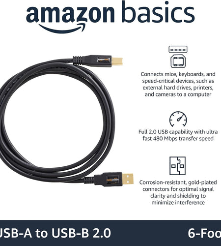 USB 2.0 Printer Cable - A-Male to B-Male Cord - 6 Feet (1.8 Meters), Black