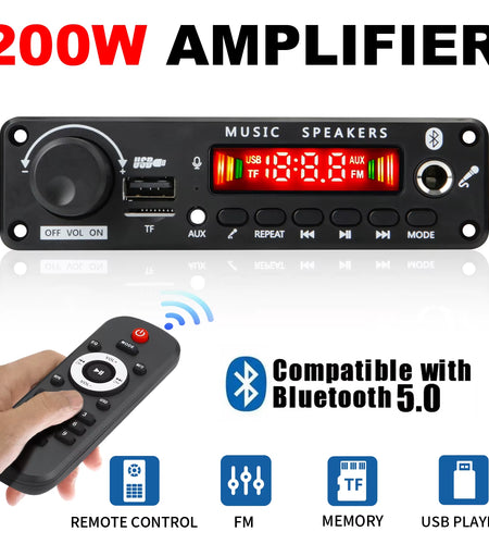 NEW 200W Amplifier Bluetooth DIY MP3 WAV Decoder Board DC 12V 100W Wireless Car USB MP3 Player TF Card Slot USB FM with Mic