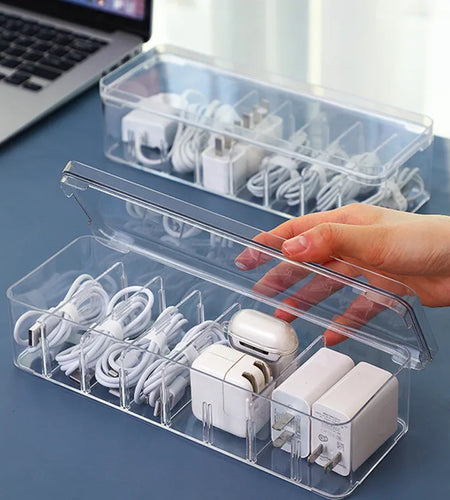See-Through Charge Cable Organizer Box,Data Cable Management Box USB Cord Sorter, Small Desk Accessories Organizer and Storage