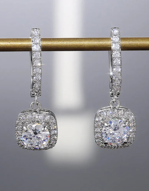 Load image into Gallery viewer, Classical Designer 18K White Gold Plated Square Shape Cubic Zirconia Clip on Earrings for Women Sapphire Crystal Diamond Drop Earrings Dangle Earring Anti-Allergy

