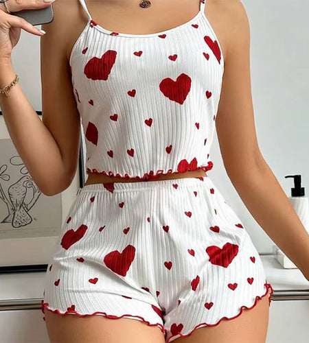 Women'S Pajamas Set Sleepwear 2 PCS Short Tank Tops and Shorts S M L White Ventilate Soft Casual Love Printing